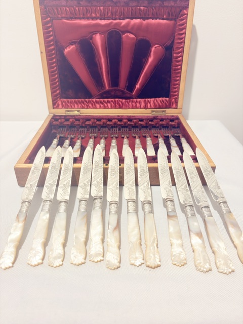 Antique 12 Place Setting Silver Plated Dessert or Fruit Cutlery