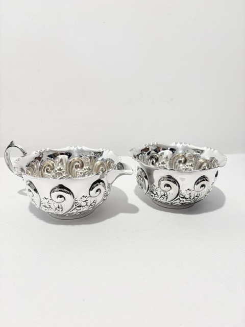 Handsome Antique Silver Plated Cream & Sugar in Stand Handsome Antique Silver Plated Cream & Sugar in Stand