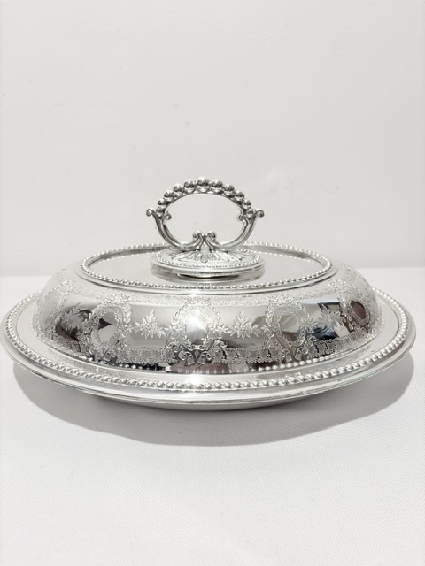 Antique Silver Plated Entree Dish Bead Mounted Throughout