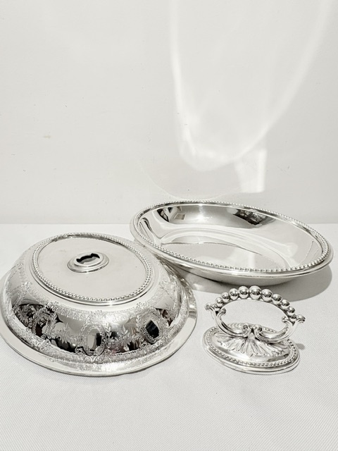 Antique Silver Plated Entree Dish Bead Mounted Throughout