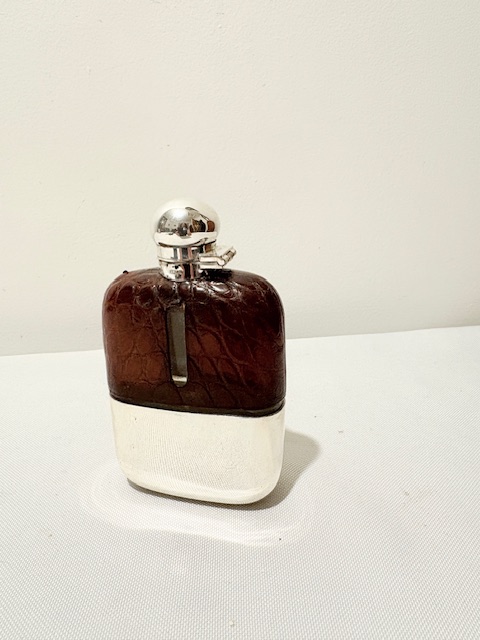 Antique Silver Plated and Crocodile Skin Bound Hip Flask