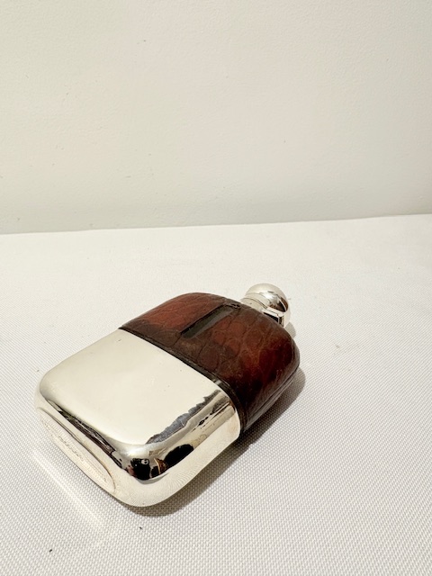 Antique Silver Plated and Crocodile Skin Bound Hip Flask