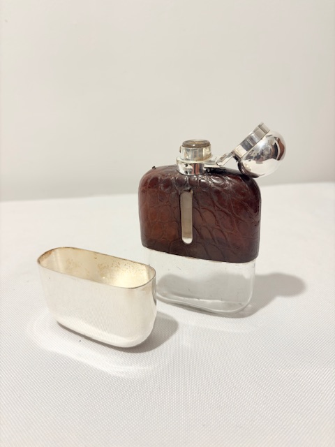 Antique Silver Plated and Crocodile Skin Bound Hip Flask