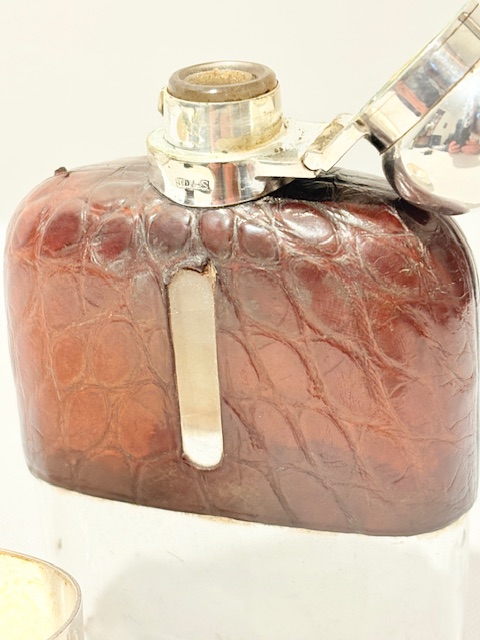 Antique Silver Plated and Crocodile Skin Bound Hip Flask