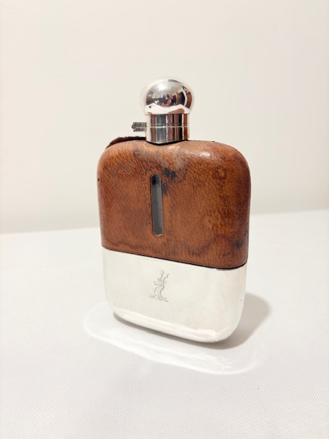 Antique Silver Plated and Leather Hip Flask and Removable Cup