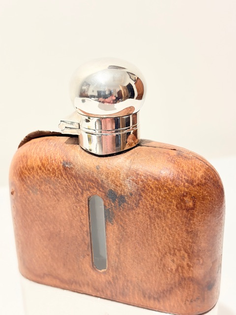 Antique Silver Plated and Leather Hip Flask and Removable Cup