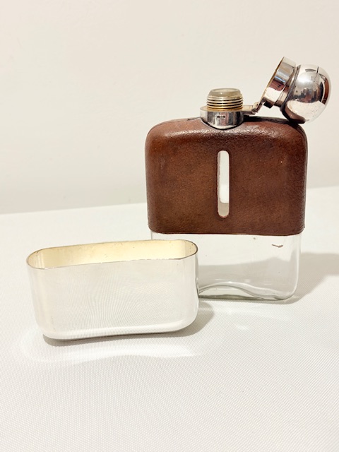 Antique Silver Plated and Cow Hide Hip Flask with Silver Plated Drinking Cup