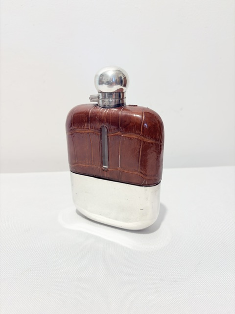 Antique Silver Plated and Crocodile Skin Hip Flask by James Dixon & Son