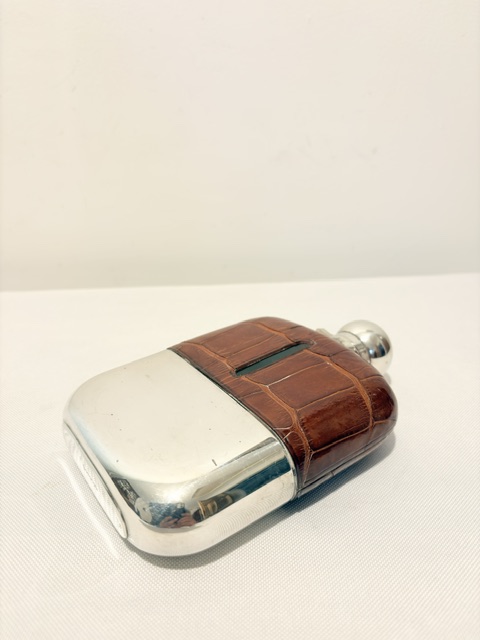 Antique Silver Plated and Crocodile Skin Hip Flask by James Dixon & Son