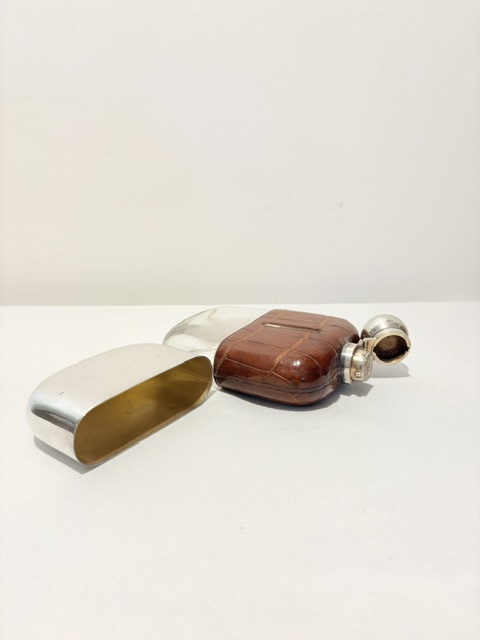 Antique Silver Plated and Crocodile Skin Hip Flask by James Dixon & Son