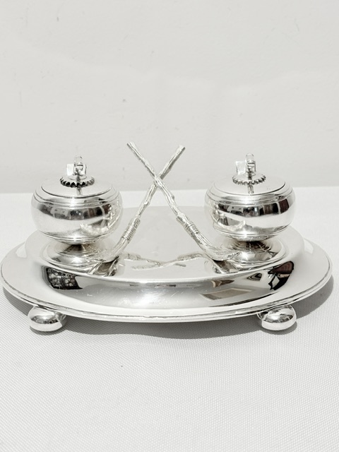 Novelty Antique Silver Plated Inkstand of Curling Interest
