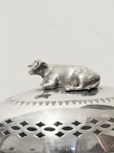Charming Antique Silver Plated Butter Dish with Reclining Cow