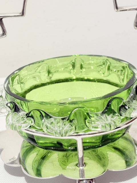 Antique Green Glass and Silver Plated Jam or Preserve Dish on Stand Antique Green Glass and Silver Plated Jam or Preserve Dish on Stand