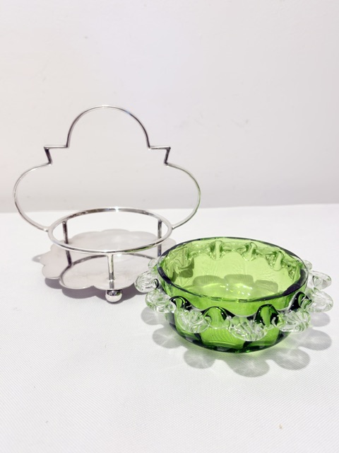 Antique Green Glass and Silver Plated Jam or Preserve Dish on Stand Antique Green Glass and Silver Plated Jam or Preserve Dish on Stand