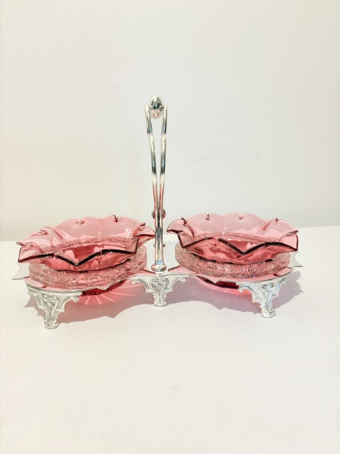 Antique Silver Plated and Cranberry Glass Jam or Preserve Dishes