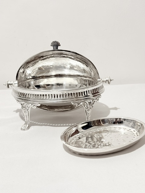 Antique Silver Plated Rollover Butter Dish with Pierced Inner Liner Antique Silver Plated Rollover Butter Dish with Pierced Inner Liner