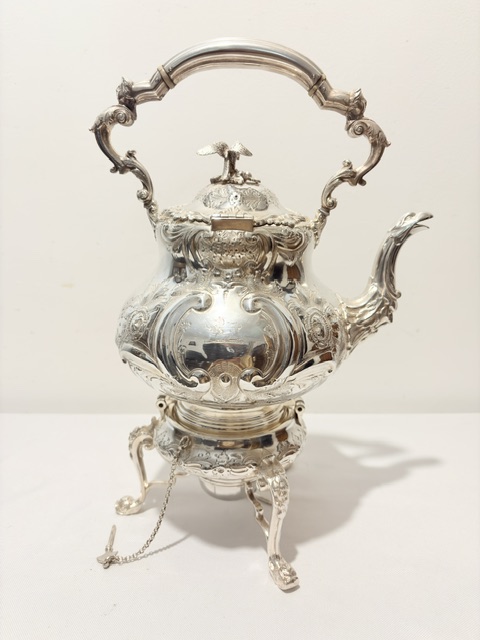 Handsome Antique Silver Plated Kettle on Stand of Louis in Design
