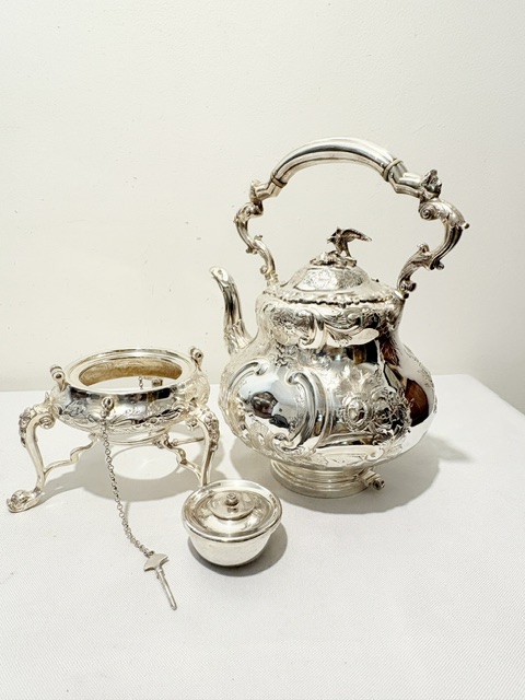 Handsome Antique Silver Plated Kettle on Stand of Louis in Design