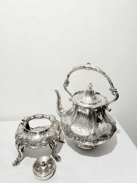 Handsome Antique Silver Plated Tea Kettle on Stand Handsome Antique Silver Plated Tea Kettle on Stand
