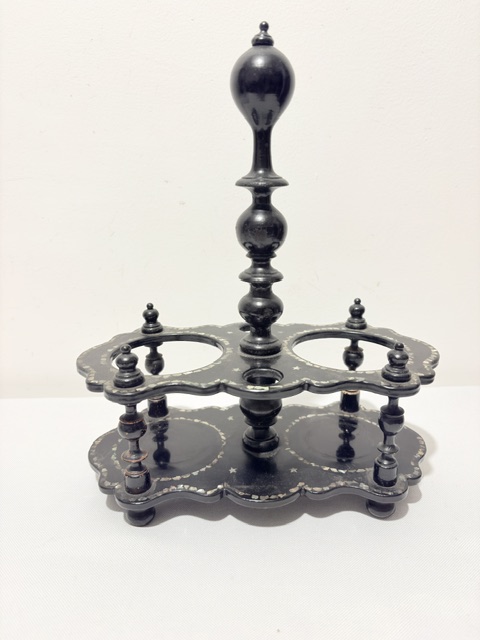 Antique Oil & Vinegar Set Housed in a Black Papier Mache Stand