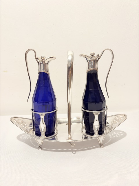 Old Sheffield Plate Oil & Vinegar in Stand with Blue and Black Bottles