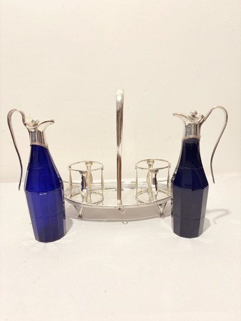 Old Sheffield Plate Oil & Vinegar in Stand with Blue and Black Bottles