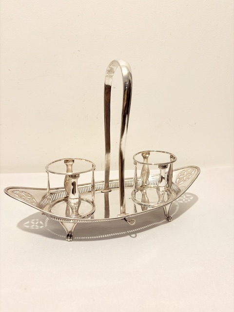 Old Sheffield Plate Oil & Vinegar in Stand with Blue and Black Bottles