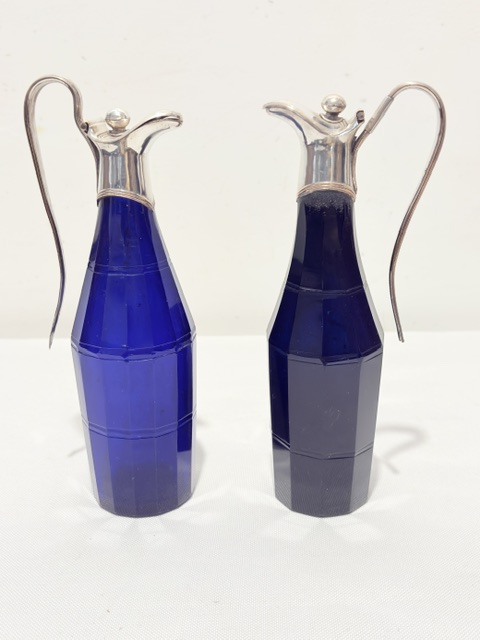 Old Sheffield Plate Oil & Vinegar in Stand with Blue and Black Bottles