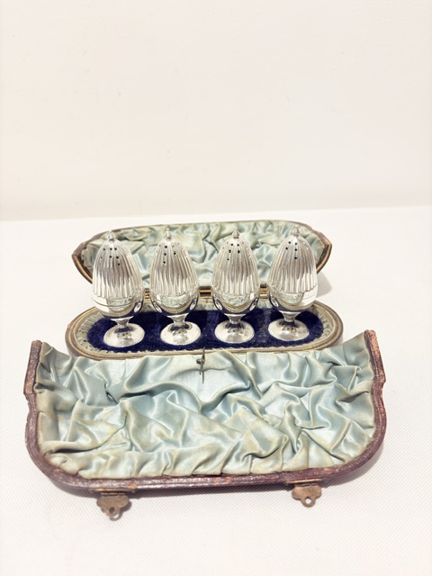 Boxed Set of 4 Antique Silver Plated Pepper Shakers