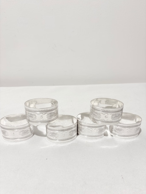 Set of Six Antique Silver Plated Napkin Rings Numbered 1 to 6
