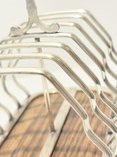 Antique Silver Plated and Oak Toast Rack on Four Ball Feet Antique Silver Plated and Oak Toast Rack on Four Ball Feet