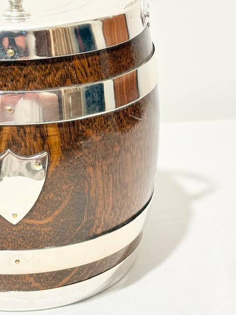 Vintage Silver Plated and Oak Biscuit Box with Vacant Shield Vintage Silver Plated and Oak Biscuit Box with Vacant Shield