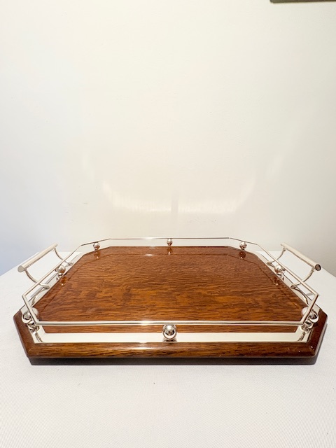 Handsome Antique Oak and Silver Plated Gallery Tray