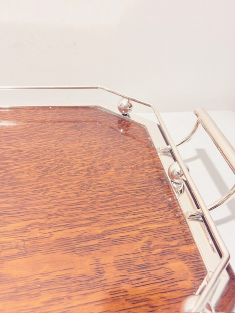 Handsome Antique Oak and Silver Plated Gallery Tray