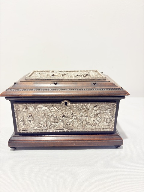 Unusual Antique Silver Plated and Oak Jewellery Box