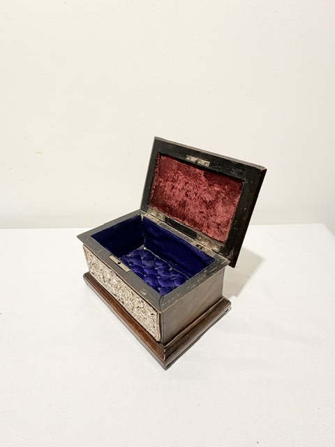 Unusual Antique Silver Plated and Oak Jewellery Box