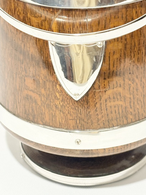 Antique Silver Plate and Oak Biscuit Box with White Ceramic Liner