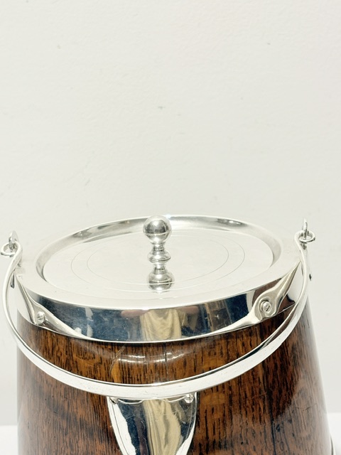 Antique Silver Plate and Oak Biscuit Box with White Ceramic Liner