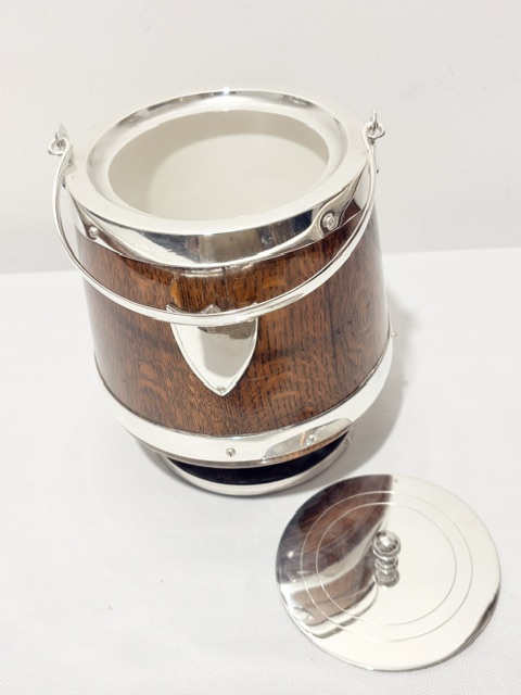 Antique Silver Plate and Oak Biscuit Box with White Ceramic Liner