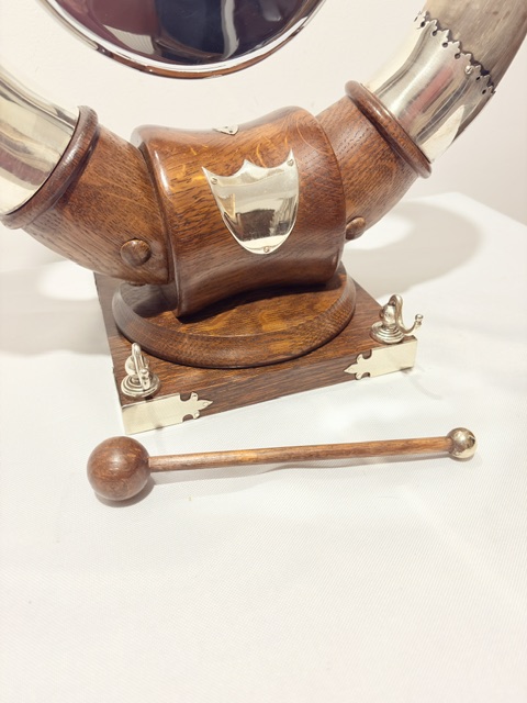 Antique Silver Plated Wood and Cow Horn Table Gong Modelled as a Viking Helmet