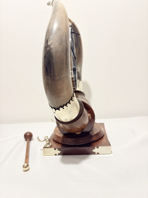 Antique Silver Plated Wood and Cow Horn Table Gong Modelled as a Viking Helmet
