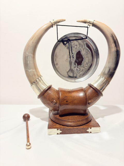 Antique Silver Plated Wood and Cow Horn Table Gong Modelled as a Viking Helmet