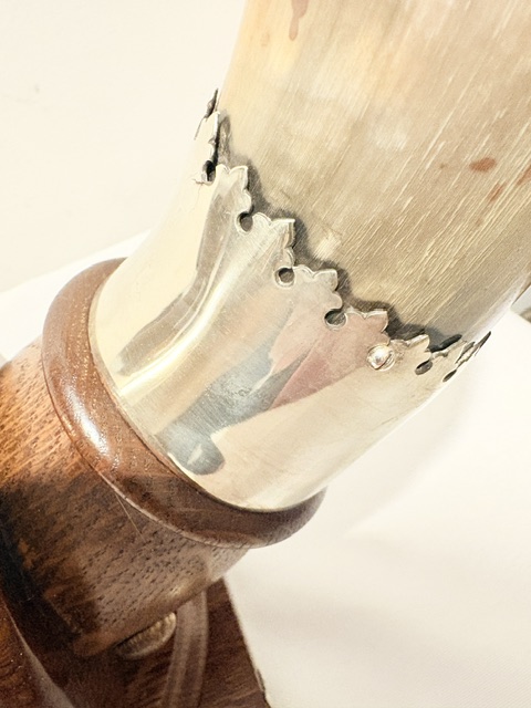 Antique Silver Plated Wood and Cow Horn Table Gong Modelled as a Viking Helmet