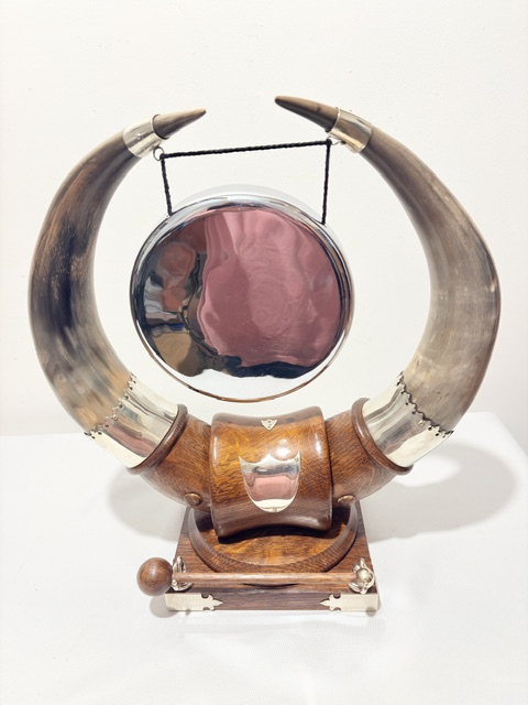 Antique Silver Plated Wood and Cow Horn Table Gong Modelled as a Viking Helmet