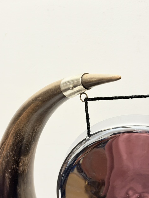 Antique Silver Plated Wood and Cow Horn Table Gong Modelled as a Viking Helmet
