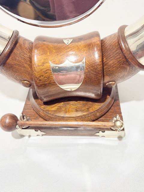Antique Silver Plated Wood and Cow Horn Table Gong Modelled as a Viking Helmet