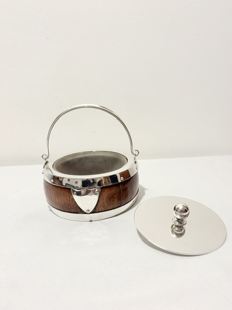 Antique Silver Plated and Oak Butter Dish with Glass Liner