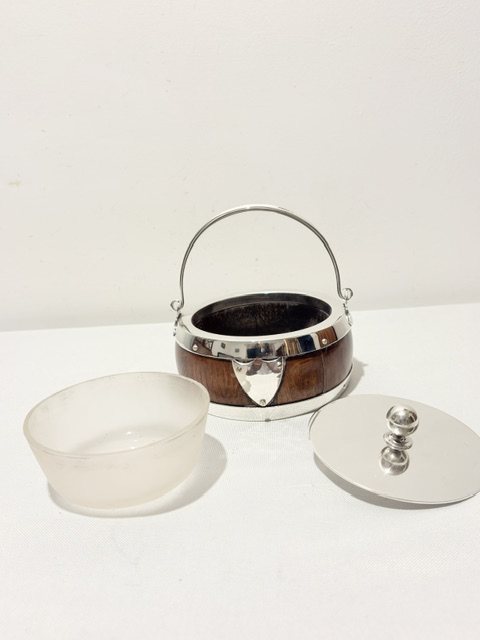 Antique Silver Plated and Oak Butter Dish with Glass Liner